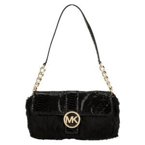 Michael Kors Black Python Embossed Leather & Rabbit Fur Fulton Shoulder Bag